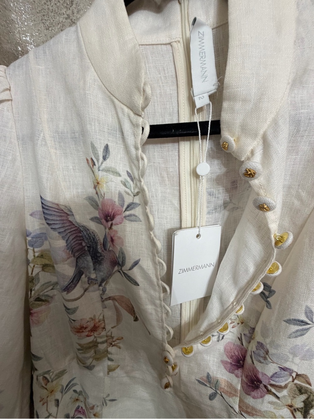Zimmermann Cream Floral Linen Blouse with Gold Buttons